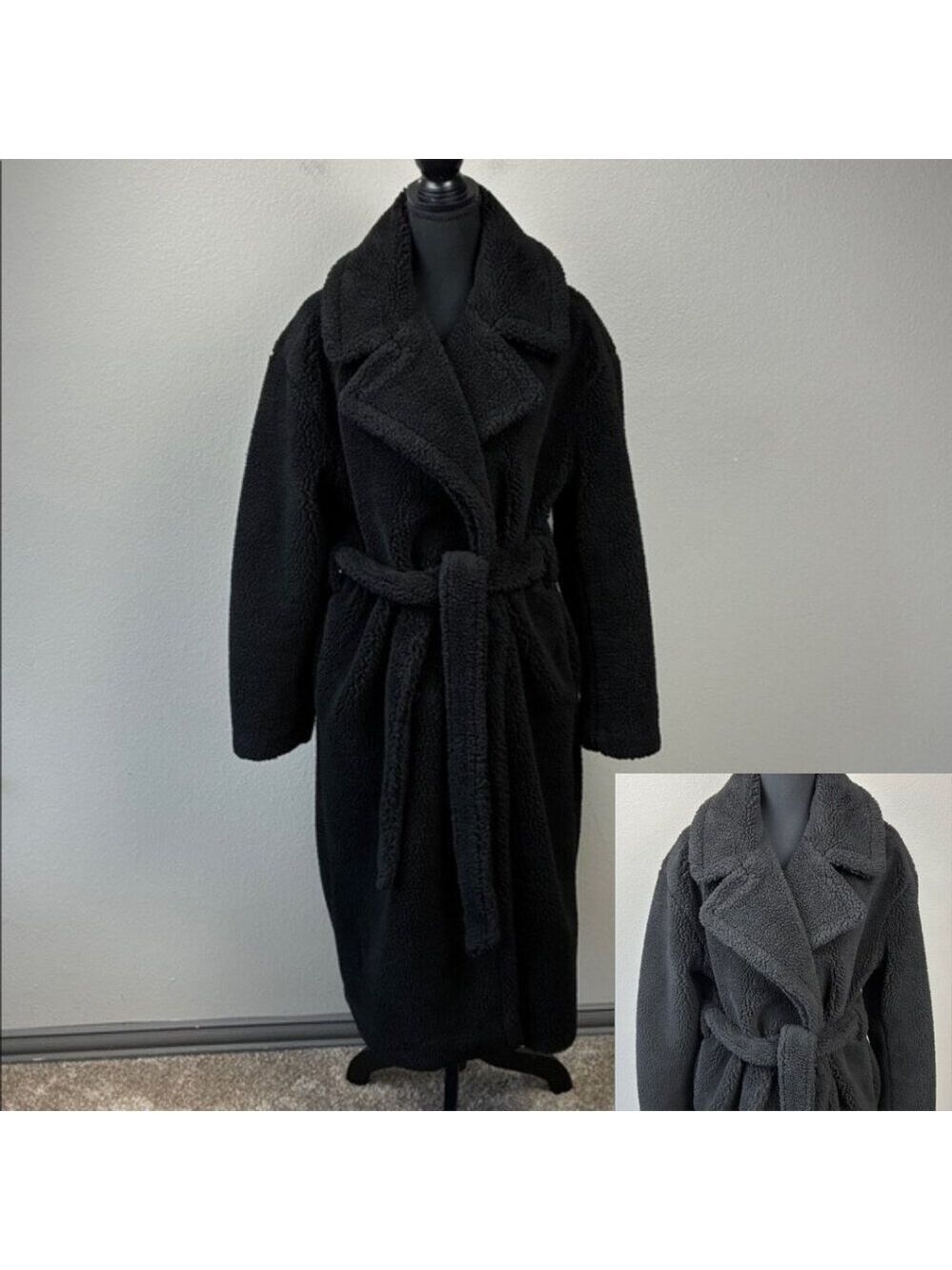 Gap Long Sherpa Coat Black Double Breasted Tie Waist Pockets Teddy Trench M